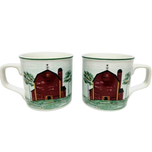 Tienshan Stoneware Coffee Mugs 2 Farm House Prairie Red Barn 14oz Tea Cups New - Picture 1 of 6